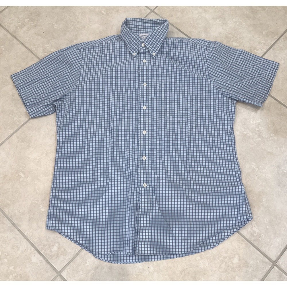 Brooks Brothers Mens L Regent Blue Plaid Shirt Short Sleeve Button Up Career